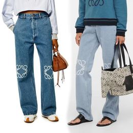 Jean taille haute pour femmes, Patch creux avec LOGO brodé, pantalon en Denim droit bleu profond décontracté, automne et hiver