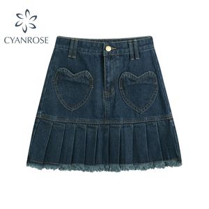 Taille haute Y2k jupe en jean plissée femmes décontracté amour graphique poche bleu lavé Mini été Streetwear e-girl tenues 220401