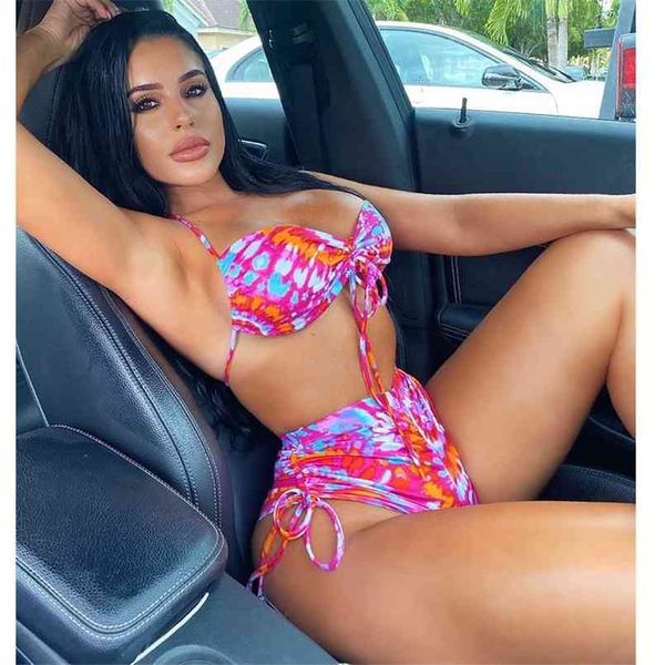 Bikini taille haute ensemble Tie Dye Biquini femme Bikinis femme Short maillot de bain plage peut maillots de bain Push Up Monokini 210722