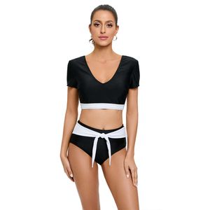 High taille bikini split tweedelige vrouwen, korte mouwen kleurblokkering zwempak voor afslankeffect F41746