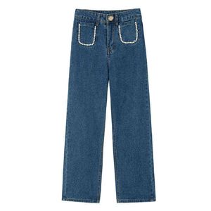 Pantalon droit en denim taille haute femmes poches de garniture de perles mode d'été décontracté jeans à jambes larges sauvage rétro simple pantalon bleu T220728