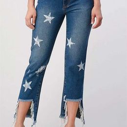 Hoog getailleerde vijfpuntige jeans met sterrenprint voor dames