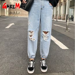 Hoge getailleerde harem jeans voor vrouwen enkellange denim broek losse gescheurde gat elastische taille haerm 210428