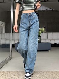 Hoog getailleerde Jean Denim Pants 2024 Y2K Wide Leg Blue Blauwe broek Koreaanse mode Mom Button Straight Jeans 240403