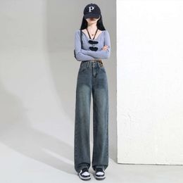 Jeans met hoge taille voor dames lente Koreaanse versie nieuwe trend losvallende kruisbedekkende broek met afslankeffect en wijde pijpen met rechte pijpen