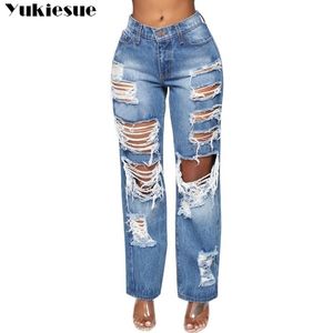 Jeans taille haute femme femme pour femmes déchirées pantalon droit de jambe large petit ami femmes plus taille 210519