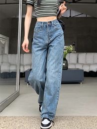High Tailed Jeans Women Denim Pants Y2K Wide Been Blue Blauwe broek Koreaanse mode Mom Button Straight 240401
