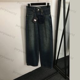 Hoog getailleerde jeans dames driehoekige ritszak versierd ontwerp blauwe casual denim broek met wijde pijpen