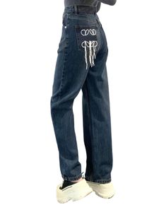 Hoog getailleerde rechte jeans met logo en kwastje Dames denim broek Mode chique casual blauwe broek