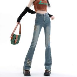 Hoge taille micro -wijd uitlopende jeans voor dames lente 2024 nieuwe slanke fit en niche -ontwerp met een pluche rand wijd uitlopende broek