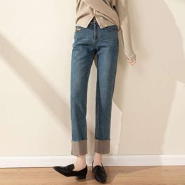 Hoge taille Rolde rand rechte been denim broek voor vrouwen in de winter met toegevoegd fluweel nieuw afslank en slanke bijgesneden kleine rookbuisbroeken