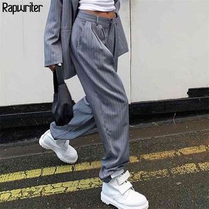 Pantalon de costume long à rayures blanches à taille haute Femmes Streetwear Pantalon droit Harajuku Lâche Gris Poches 210510