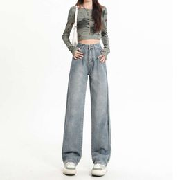 Jeans à jambes larges hautes pour femmes 2024 Hiver Nouveau dessin lâche et minceur de draps avec un sens du sol traînant les pantalons de jambe droite