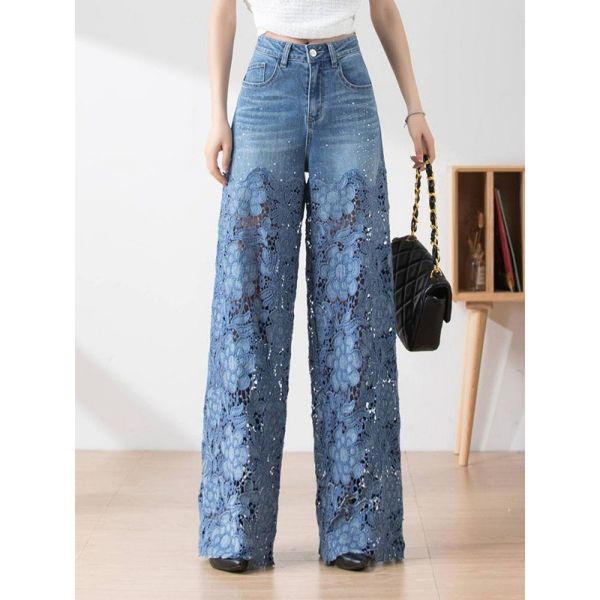 Pantalon taille haute à jambes larges pour femme, pantalon affaissé en denim, patchwork de dentelle vide, printemps/été, 2024