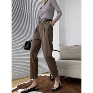 Taille haute laine épaississement noir costume pantalon femmes montrent mince automne/hiver ample droite cheville longueur avec ceinture 210607