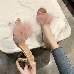 High Woman Slippers Pointed Feather Heels Fashion Sandals Women Open Toe Pumps Slides White Pink Black Size 35-43 2 21 1