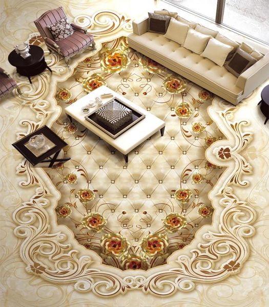Highend Luxury Noble Golden Home Amélioration du motif de pierre rose Parquet 3d Floor Tile PVC Papier mural auto-adadhésif Mural3742358