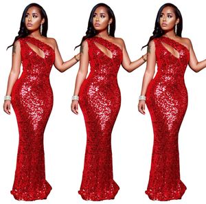 Highend Red Sequin Evening Party Maxi Long Robe Women039s Sexy Sans manches obliques Hollow Out Slim Bodycon Robe Vest8143799