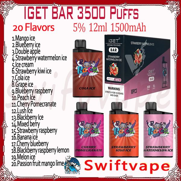 La plus haute qualité IGET BAR 3500 Puff E Cigarettes jetables Vapes Pod Dispositif 1500mAh Batterie 5% Kit de démarrage de cartouche de 12 ml Petits navires localement en Australie