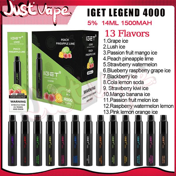 La plus haute qualité IGET Legend 4000 Puffs E Cigarettes jetables Vapes Pod Device 1000mah Batterie 5% 14ml Kit de démarrage de cartouche Petits navires localement en Australie