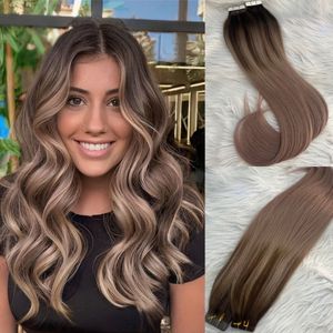 Ruban de la plus haute qualité en extension de cheveux Real Remy Human Heuving Balayage T4 / 18 Ash Blonde ombre Ruban Ins Extensions 100g / 40pcs Tête complète