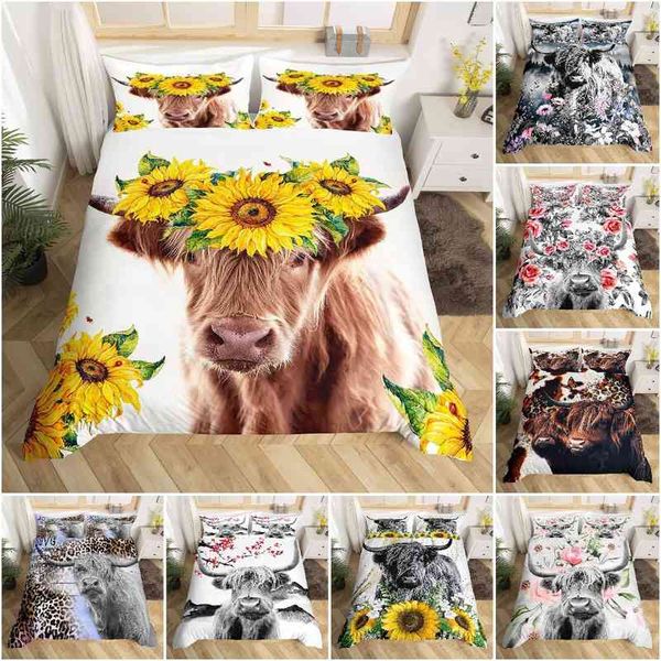 Juego de funda nórdica de ganado de las tierras altas, ropa de cama doble con estampado de vaca Floral, edredón con estampado de girasol amarillo, edredón con temática Animal