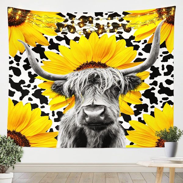 Highland Cow Tapestry Farm Bull Bull Sanging Farmhouse Funding Animal Tapasches Sunflower Wall Blanket Tissu Home Chadow Decor