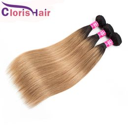 Markeer 1B/27 ombre extensions Raw Virgin Indian Human Hair Bundels 3pcs Goedkoop Twee Tone honing Blond gekleurde zijdeachtige rechte haar Weef