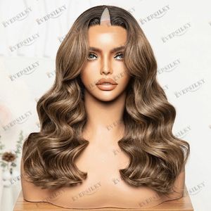 Hoogtepunt Bayalage Bruin Blonde Body Wave Menselijk Haar Pruiken voor Zwarte Vrouwen Lijmloze Lichtbruine Opening V Deel Pruiken