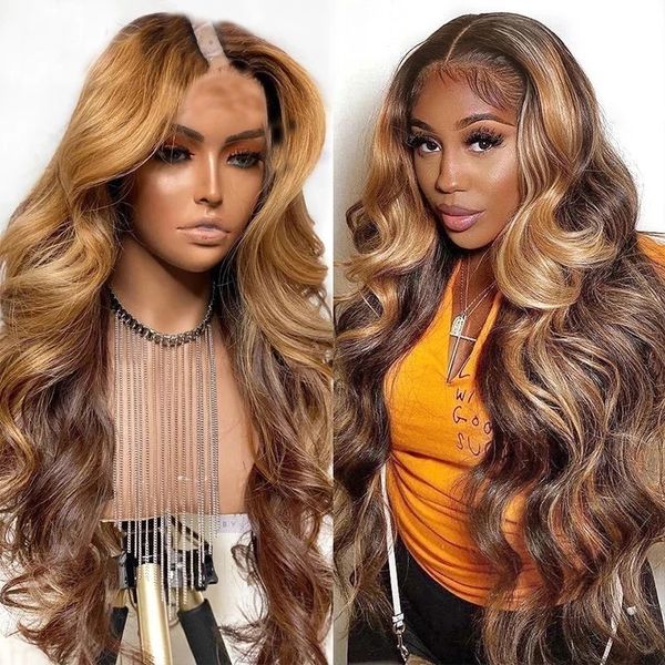 Highlight Blonde Brown V Part Wigs 100% Virgin Human Hair Glueless Ombre Wavy U Shape Full 250Density With Straps Combs 30inches