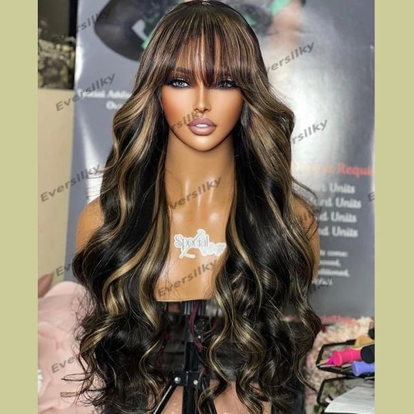 Highlight Blonde Fringe Fabriqué à la machine Perruques de cheveux humains Bangs Cut Silk Top Balayage Perruques pour les femmes Sans colle Long Wavy Full Density