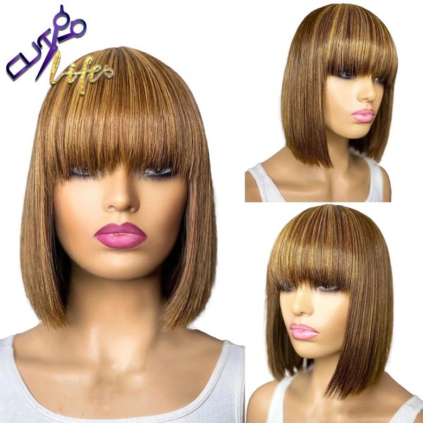 Mettez en surbrillance Blonde Ombre droite courte Bob perruque 100% cheveux humains sans dentelle perruques avec une frange pour les femmes noires