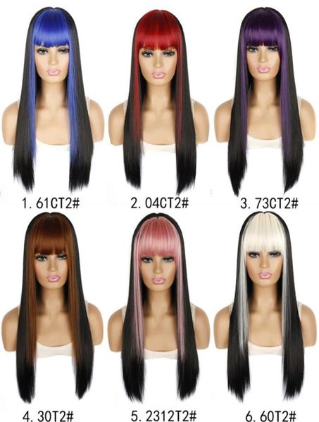 Perruque synthétique sans colle à reflets blonds ombrés avec frange pour femmes, longue ligne droite, bleu, rouge, rose, frange colorée, perruques de Cosplay, chaleur Re5514539