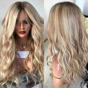 Highlight Blonde Ombre Wavy Synthetic Hair Lace Front For White Women Glueless High Temperature Fiber Cosplay