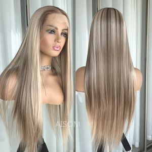 Perruque Lace Front Wig synthétique lisse à reflets blond platine, cheveux synthétiques sans colle, pre-plucked, couleur Blonde, pour femmes