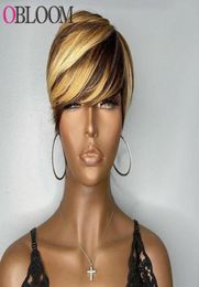Perruques de cheveux humains coupe courte Bob Pixie à reflets blonds avec frange, perruques brésiliennes pour femmes noires, entièrement faites à la Machine 43341996438483