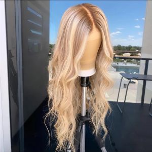 Peluca rubia destacada, peluca con malla Frontal ondulada 13x4, pelucas de cabello humano de simulación de colores ombré para mujeres, peluca Frontal de encaje brasileño 613