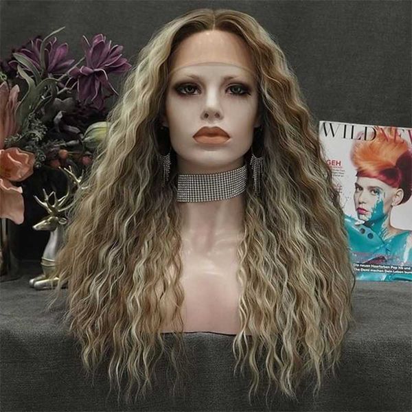 Highlight Blonde Perruque Synthétique Dentelle Perruques pour Femmes Longue Perruque Bouclée Résistant À La Chaleur Fibre Cosplay Perruques Naturel Hairline 230524