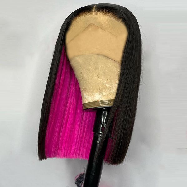 Resaltar Bob peluca brasileña cabello humano pelucas para mujeres negro rosa corto encaje frente pelucas Co pelo sintético resistente al calor