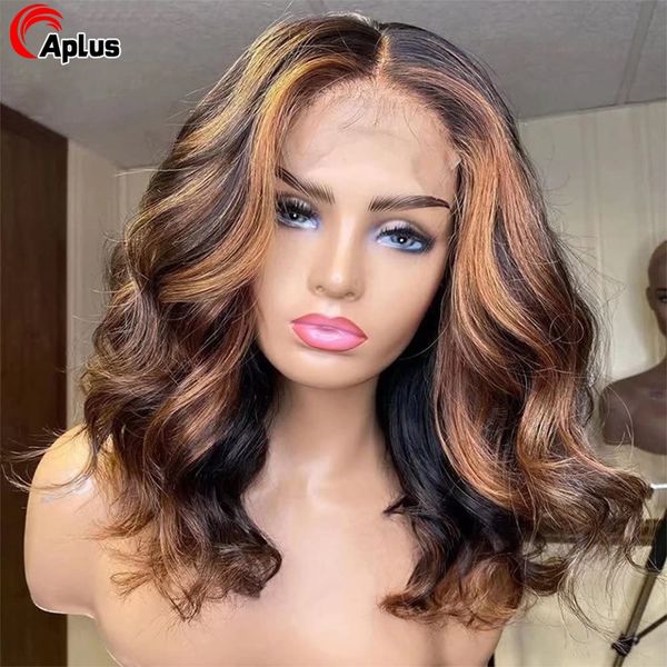 Perruque Lace Front Wig Body Wave brésilienne sans colle, cheveux naturels, couleur ombré, blond miel 4/27, Full Hd, à reflets, pour femmes