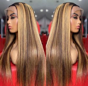 Perruque Lace Frontal Wig naturelle lisse à reflets brun blond, 4x4, LaceClosureWigs2812304, pour femmes