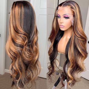 Perruque Lace Frontal Wig 360 Body Wave brune à reflets, cheveux humains simulés, pre-plucked, couleur blond miel, perruques brésiliennes bon marché pour femmes