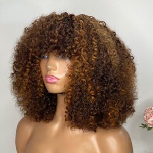 Resaltado Color marrón Corto Pixie Rizado Corte Bob Simulación Pelucas de cabello humano con flequillo Weat To Go Jerry Peluca rizada Resaltar Pelucas de colores para mujeres