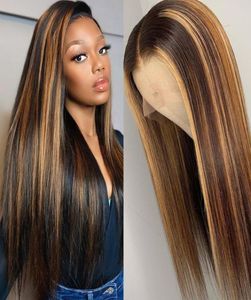 Mettez en surbrillance des perruques brésiliennes blond marron mélangées de la machine à cheveux humains droits réalisés en dentelle ombre synthétique perruque frontale9184960