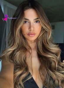 Perruque Lace Front Wig Body Wave brésilienne naturelle, cheveux humains, sans colle, à reflets bruns, densité 150, perruque pour femmes noires