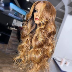 Hoogtepunt kleur Transparant Kanten Voorkant Pruik van echt haar Honingblond Lichaamsgolf 13X4 HD Kanten Frontale Pruik Synthetisch Pre-geplukt voor Vrouwen