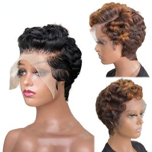 Hoogte gekleurde korte pixie gesneden bob body wif menselijk haar pruiken transparant kant 13x4 kanten frontale pruiken voor zwarte vrouw Braziliaans haarbruine pruik 180%