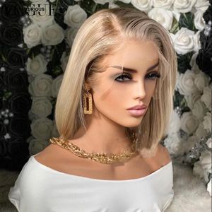 Perruque Lace Frontal Wig naturelle courte et lisse, cheveux humains, blond cendré, 13x6, avec raie latérale, à reflets HD