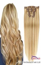 Resalte Honey Blonde Clips en extensiones de cabello humano Panio Color 27613 Clip de tejido de color Remy brasileño recto Ins grueso 736814276