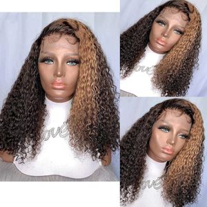 Perruque Lace Front Wig brésilienne naturelle Remy, cheveux humains bouclés, blond miel, ombré, profond et bouclé, Transparent HD, à reflets, pour femmes noires